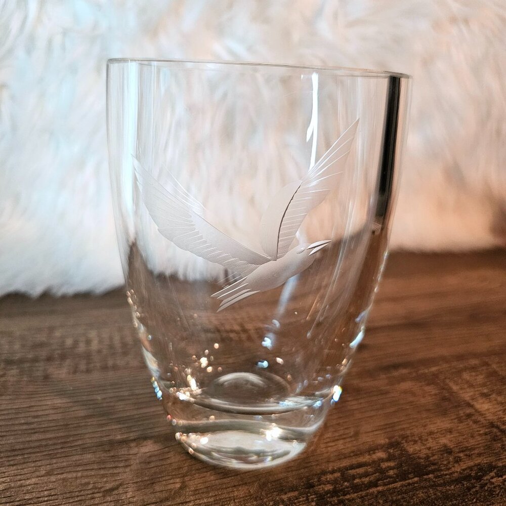 Thick Etched Glass Oval Vase with Flying Bird Seagull Eagle Small 5”